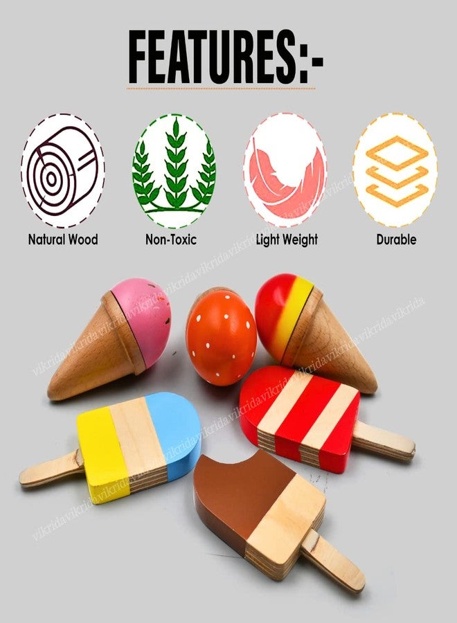 VikriDA Wooden Serve Ice Cream Counter Set for Kids, Play Ice Cream Cart Toy for Toddlers, Pretend Play Food Toys Accessories - Image 4